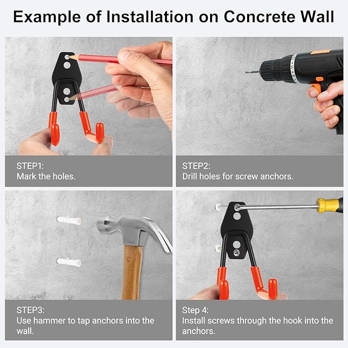 Steel Garage Hooks Wall Tool Organizer, 12 Pack Garage Storage Hook Heavy Duty Utility Storage Hangers Orange for Ladders, Ropes, Garden Tools