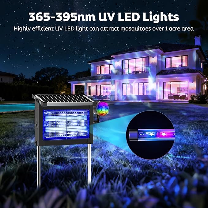 Solar Bug Zapper Outdoor with Projector Lights, Mosquito Zapper Waterproof Electric Fly Zapper Rechargeable with 10W Solar Panel, 4500V Cordless Fly Trap for Backyard, Patio, Garden, Camping