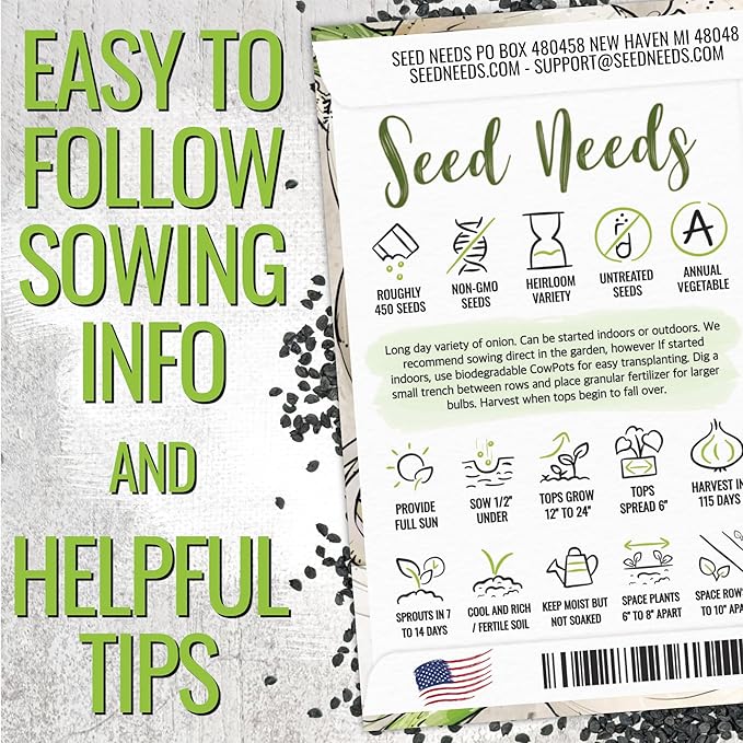 Seed Needs Onion Seeds for Planting Walla Walla Long Day Onions - Non-GMO Heirloom & Untreated Vegetable Seeds to Plant an Outdoor Home Grown Veggie Garden (5 Packs)
