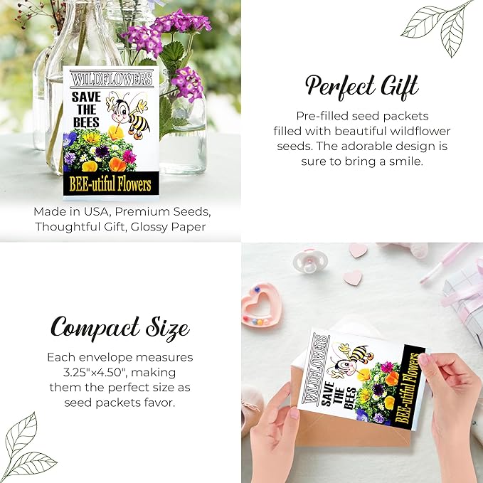 Pack of 20 Pre-Filled Flower Seed Packets for Pollinators Wedding Party Favors Bridal Shower School Events Thank You Events Memorials Earth Day- Save The Bees Assorted Bee Friendly Flower Seeds