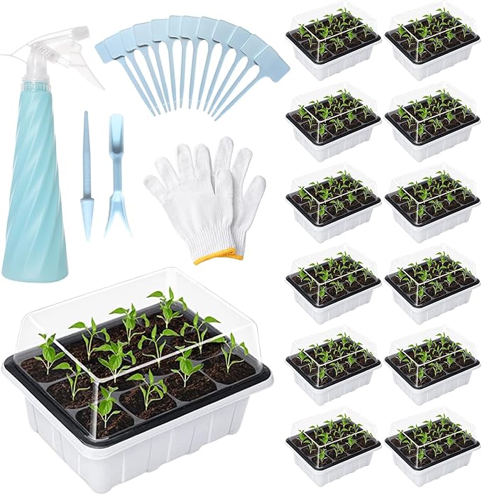 Seed Starter Tray, 12 Pack 144 Cells Thicken Seed Starter Kit Seed Starter with Humidity Dome Seed Starting Trays Plant Starter and Base Mini Greenhouse Germination Kit (White)