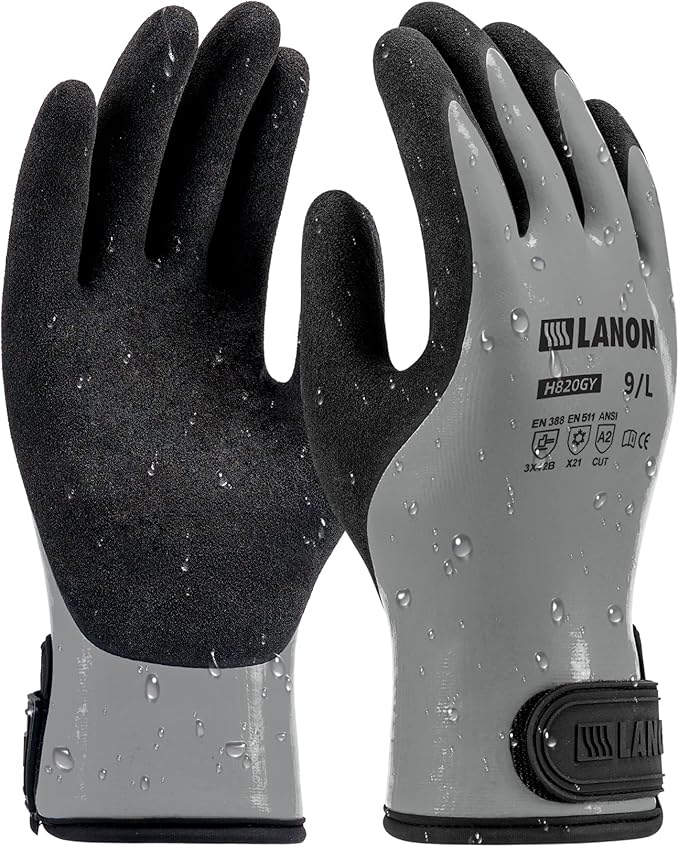 LANON Waterproof Winter Work Gloves, Double Latex Coated, Thermal Insulated Freezer Gloves for Cold Weather, Heavy Duty, Non-Slip Grip, Wrist Closure, Grey,XL