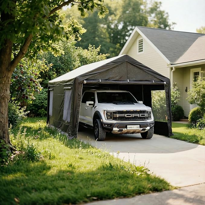 Car Ports, 10X20 Ft Heavy-Duty Carports with Roll-Up Windows, Portable Garages with Removable Side Walls and Doors, Trucks and Cars with All-Season Waterproof Pe Tarps