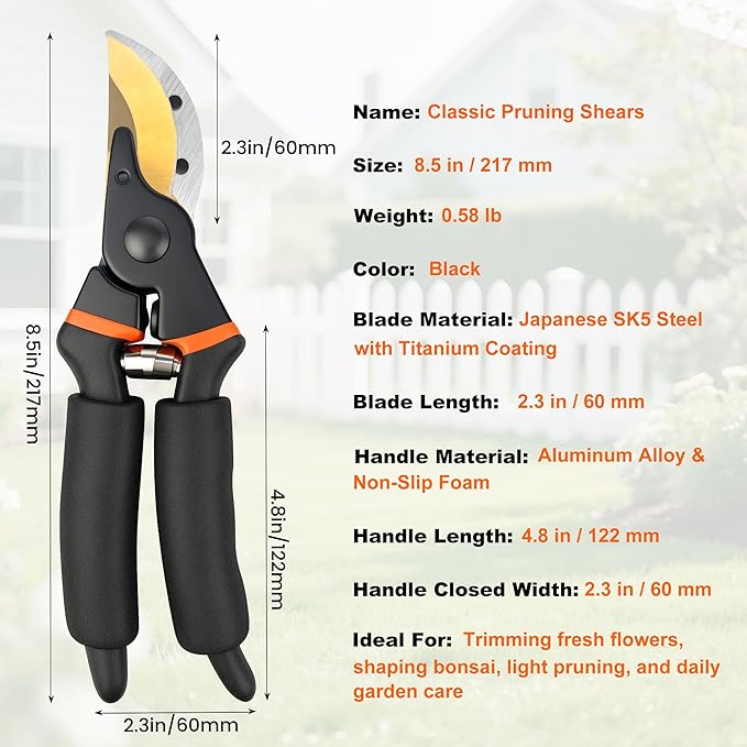 8.5 Inch Pruning Shears, Bypass Pruners with Titanium-Coated Japanese SK5 Steel Blade, Heavy Duty Garden Shears for Trimming Branches, Gardening Hand Tools with Ergonomic Handles