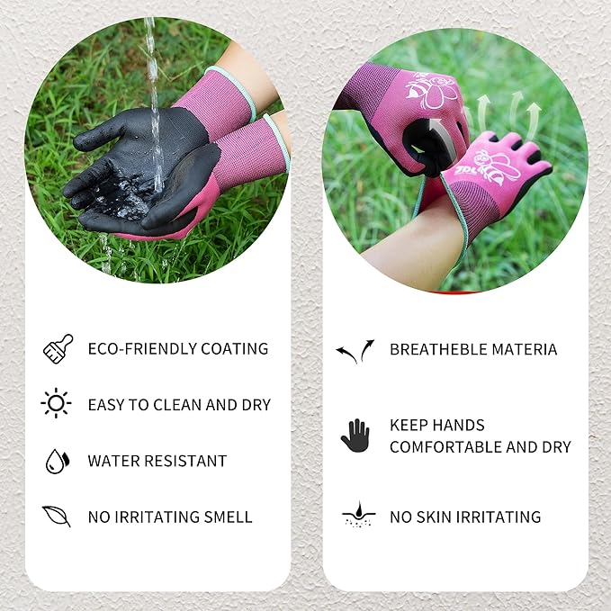 JDL 3 Pairs Nylon Nitrile Coated Gardening Gloves for Women, Touchscreen Yard Garden Gloves, Breathable Safety Work Gloves with Grip, Pink, Large
