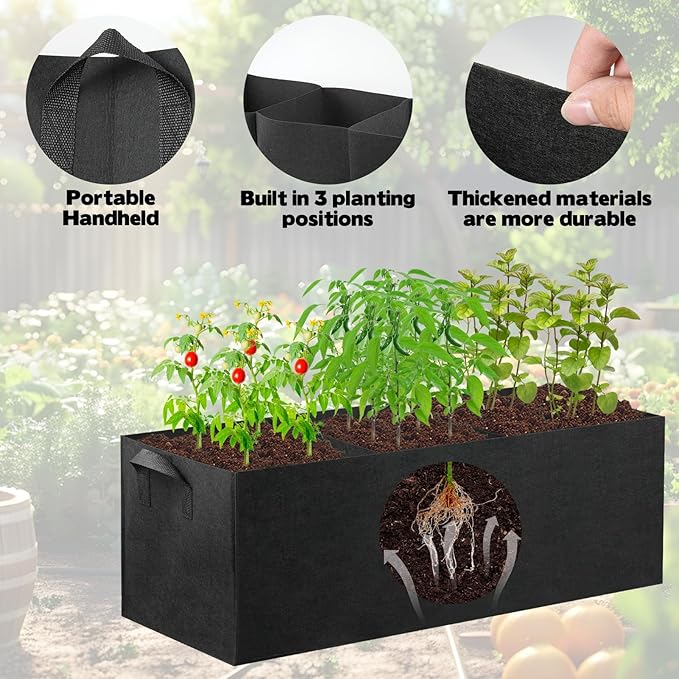 CIEOVO 4 Pack Fabric Raised Garden Bed, 22 Gallon 3 Grids Breathable Garden Growing Bags with Handle, Garden Grow Planter Bags Plant Bed for Growing Herbs Flowers and Vegetables