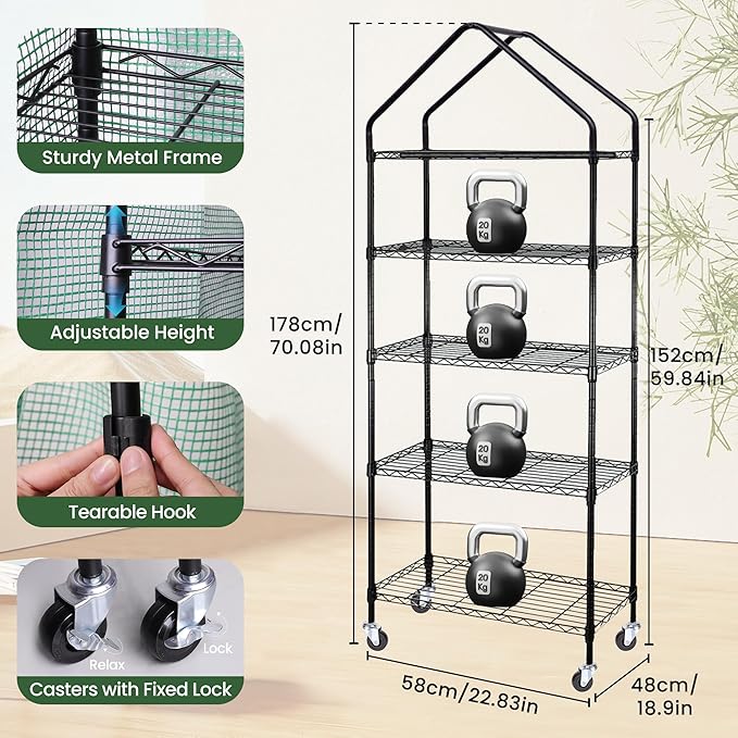Mini Indoor Greenhouse with Grow Light, Portable 4-Tier Plant Stand with PVC Cover, Adjustable Shelves & Thermohygrometer for Seed Starting & Plant Growth, 70 x 23 x 19'', 32W Grow Light