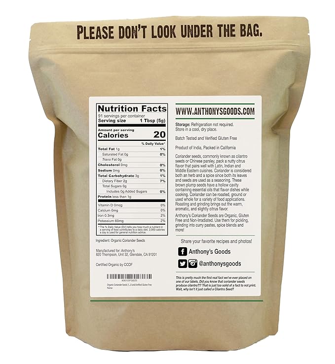 Anthony's Organic Coriander Seeds, 1 lb, Gluten Free, Non GMO, Non Irradiated, Keto Friendly