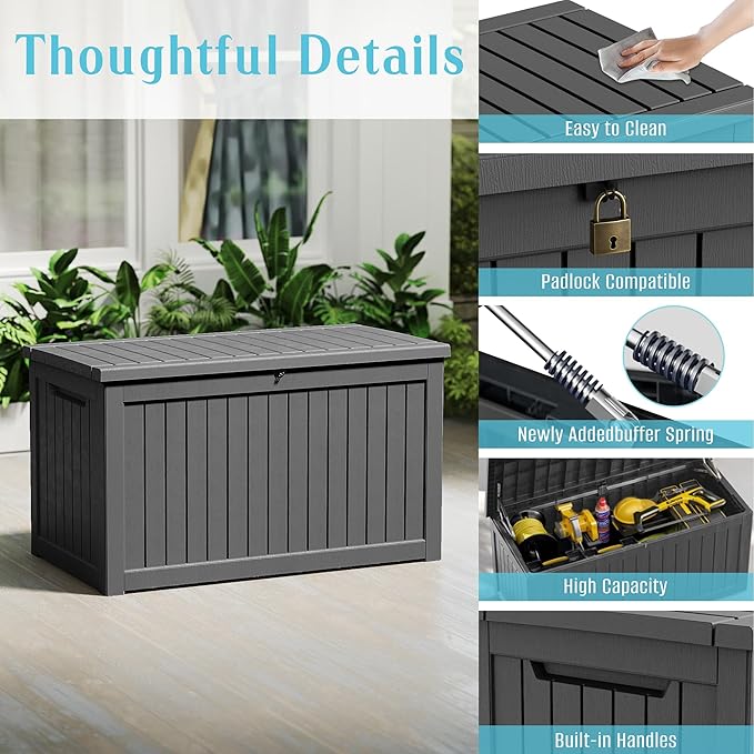 Outdoor Waterproof Resin Storage Deck Box Lockable Outside Bench UV Resistant Bin Patio Porch Furniture Pool Float Garden Tool Cushion (Black, 280 Gallon)