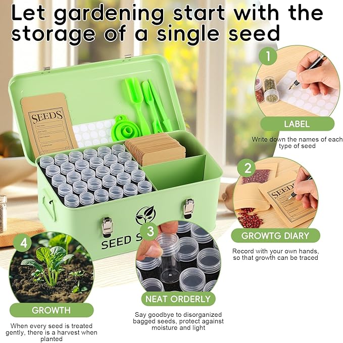 Seed Storage Organizer, Metal Seed Bank Gardening Saving Containers Box (Seeds not Included)