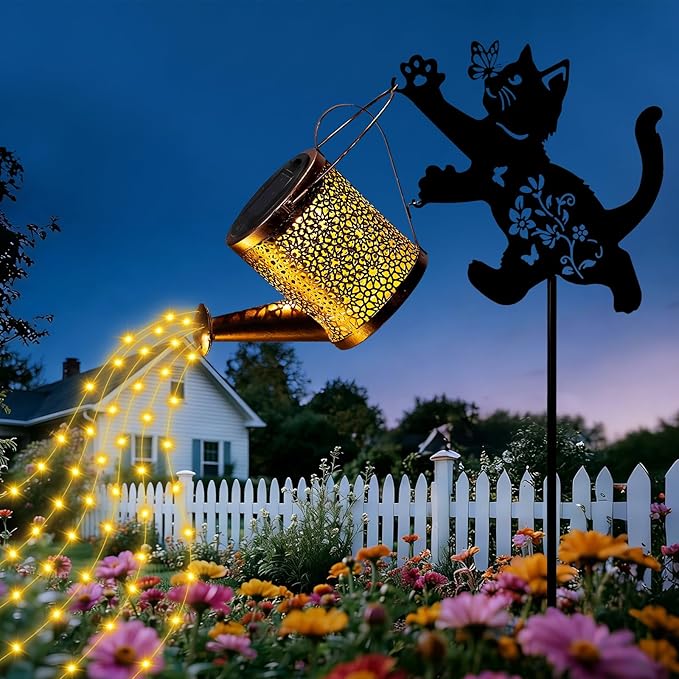 Solar Watering Can Lights with Cascading Light, Solar Lights Outdoor Garden Decor, IP65 Waterproof Hanging Lantern, Hanging Gardening Decor for Outside Patio Porch Yard (Cat)