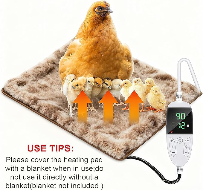 Chicken Heating Pad Chick Brooder Pad Poultry Heated Mat Adjustable Digital Thermostat Brood Heater Warming Blanket with Timer Anti Bite Wire Warmer Bed for Small Animal Pet 15.7 x 23.6 inch