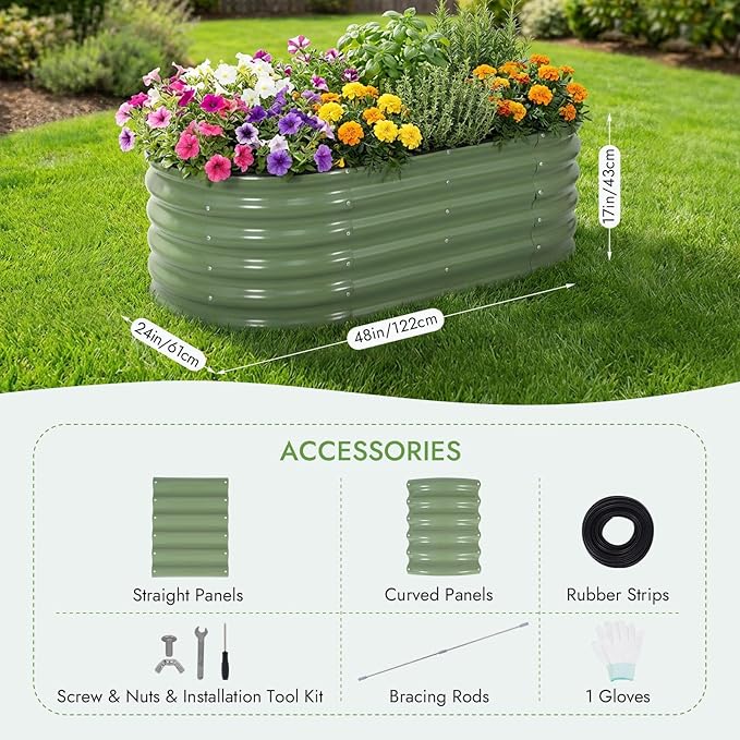 INNO STAGE Galvanized Raised Garden Bed Kits, 4x2x1.4FT Metal Raised Beds Outdoor for Gardening, 17'' Tall Large Steel Raised Planter Bed for Vegetables & Flowers Patio Ground Planter Box - Green