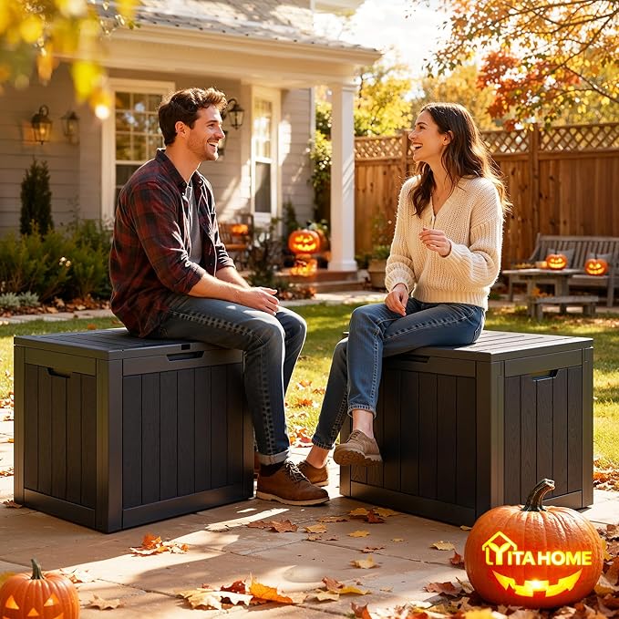 YITAHOME 30 Gallon Deck Boxes 2 Pack, Waterproof Outdoor Storage for Cushions, Tools & Pool Accessories, Resin Package Delivery for Patios, Gardens & Decks, Black