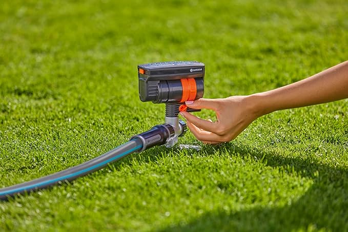 GARDENA 20575 | Up to 2300 sq ft - ZoomMaxx Adjustable Oscillating Sprinkler on Metal Step Spike for Watering Large Area Lawn with US Hose Threads, Yard and Garden. Gardena Quick Connects