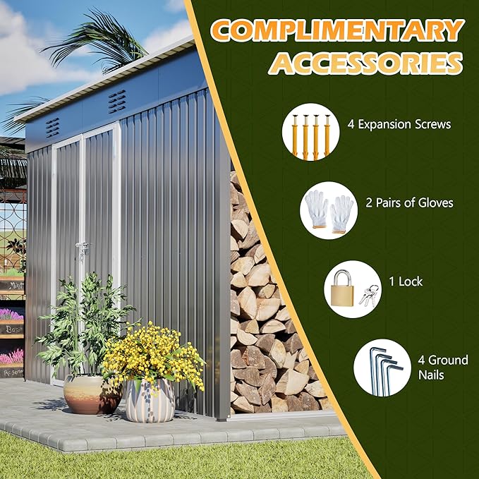 10'x4' Waterproof Storage Shed with 2.3'x3.6' Side Space, Heavy Duty 2-in-1 Garden Tool Shed with Lockable Door & Floor Frame for Backyard, Patio, Lawn, Bicycles, Galvanized Steel, Gray