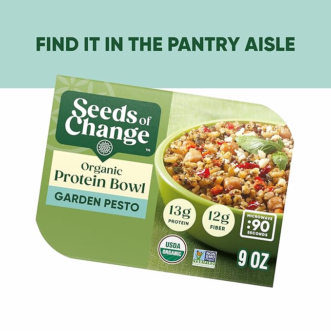 SEEDS OF CHANGE Organic High Protein Bowl Garden Pesto, Prepared Entrée, Microwave in 90 Seconds, 9 oz (Pack of 6)