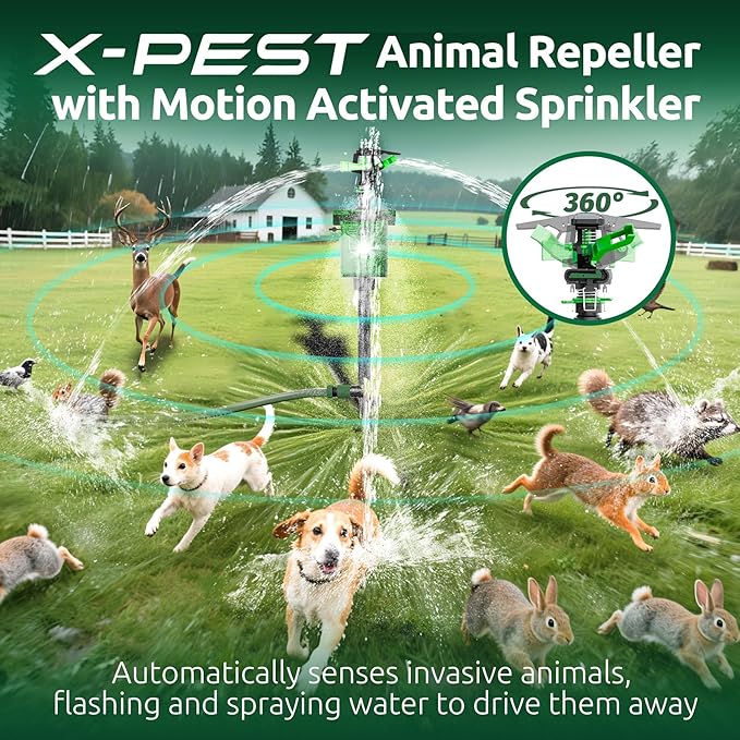 X-PEST Motion Activated Solar Powered Animal Repeller with Water Sprinkler, IP65 Waterproof Outdoor with Flashing Light, Deter Foxes Skunks Dog Raccoons from Garden