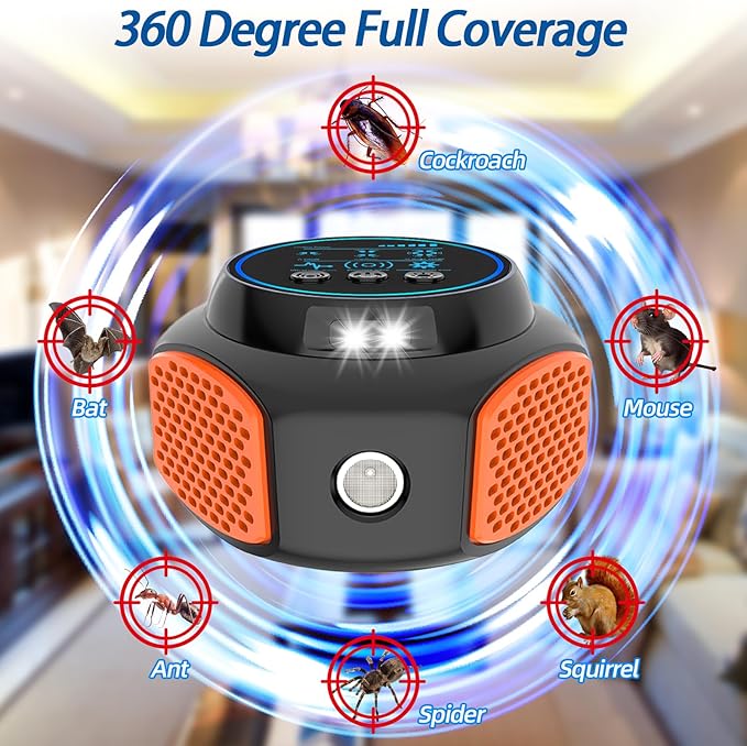Mouse Repellent Ultrasonic, Plug in Mouse Deterrent Ultrasonic Pest Repeller, 360° Mice Repellent Indoor with Ultrasound Speaker & LED Strobe Light, Rat Roach Spider Repeller for House Attic Garage