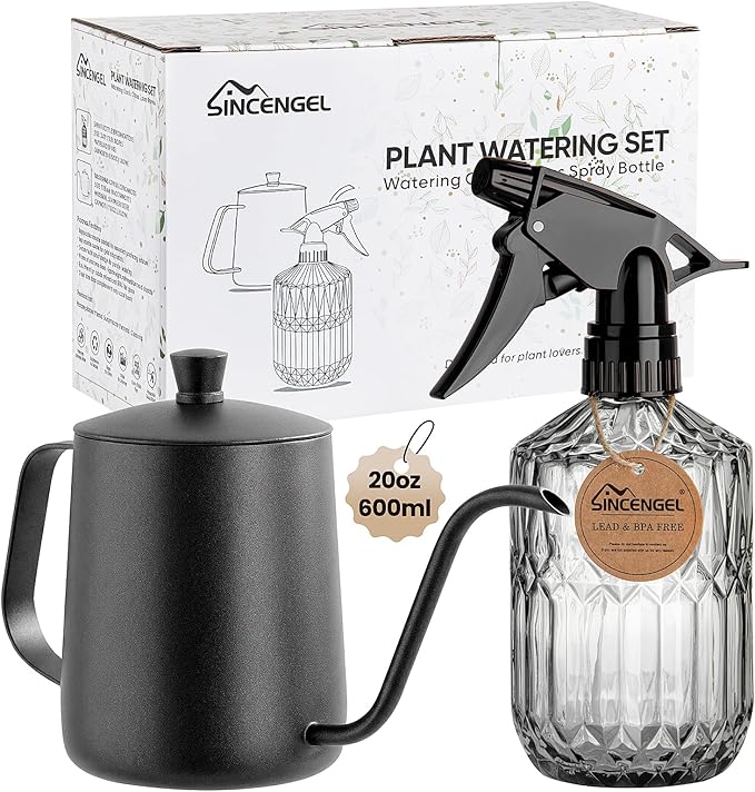 Watering Can Indoor Plants, 20 oz Metal Mini Indoor Watering Can with Long Spout for Houseplants, 13.5 oz Glass Plant Mister Spray Bottle for Bonsai Garden Flower Seedlings (Black/Grey)