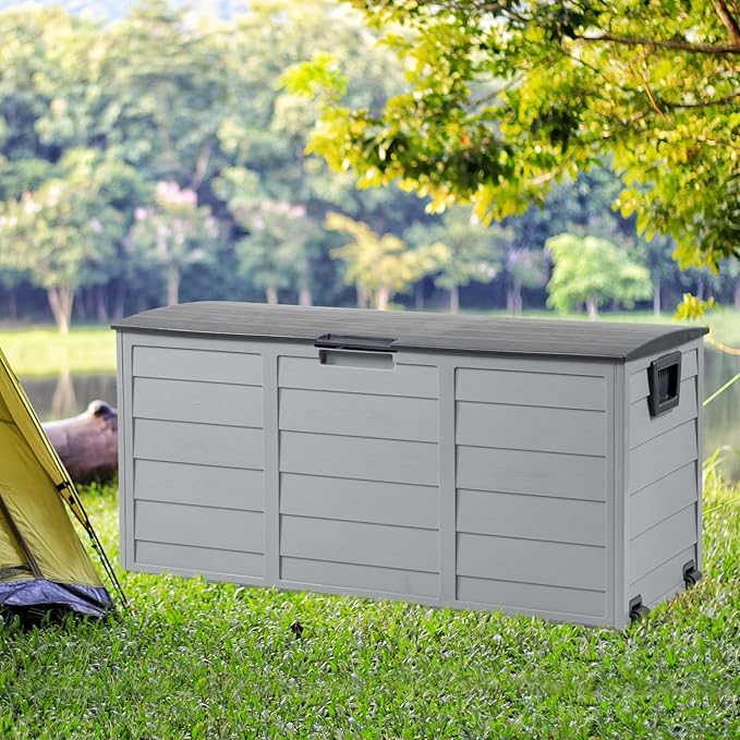 VINGLI 75 Gallon Resin Outdoor Deck Box, 75 Gallon Patio Storage Box with Side Handles, Lockable Storage Containers for Patio Furniture Cushions, Pool Accessories, Garden Tools, Black