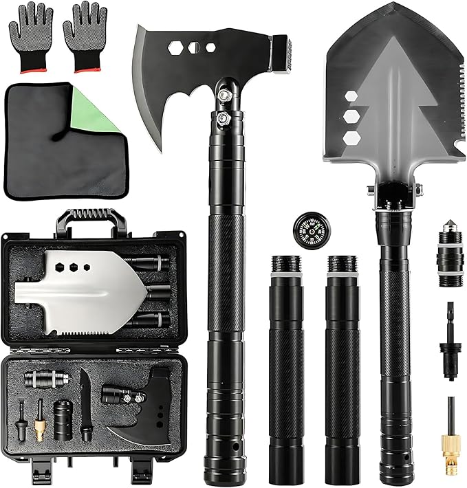 Camping Foldable Digging Shovel,MultiTool Steel Tactical Kit, Military Survival Shovel, Military Survival Gear Car, Emergency Compact, Off-Road Heavy Duty (Axe+Shovel Set)