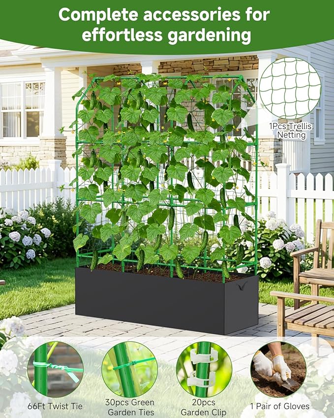 Cucumber Trellis with Grow Bag for Raised Bed, A-Shape Garden Trellis for Climbing Plants Outdoor, Metal Plant Trellis with Garden Netting for Flower Vegetables, Pea, Grape (50 * 17 * 65inch(L*W*H)