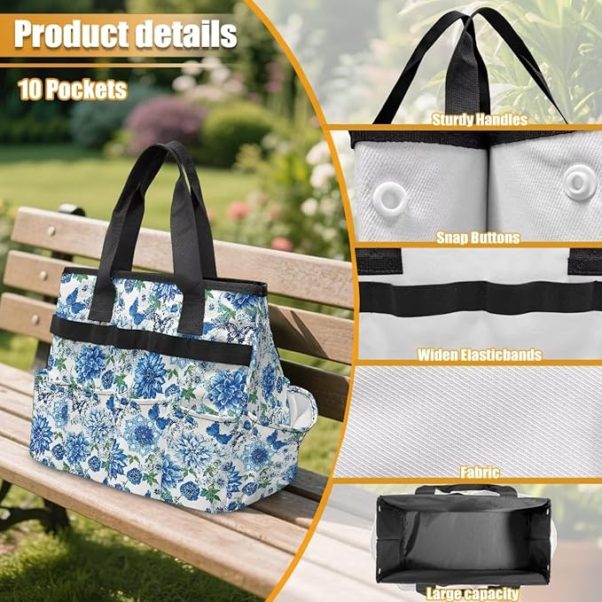 Blue Mandala Flower Garden Tool Bag Portable Gardening Tool Organizer Bag with 10 Pockets and Handle Tool Carrier and Storage for Garden Lawn Yard Casual Camp