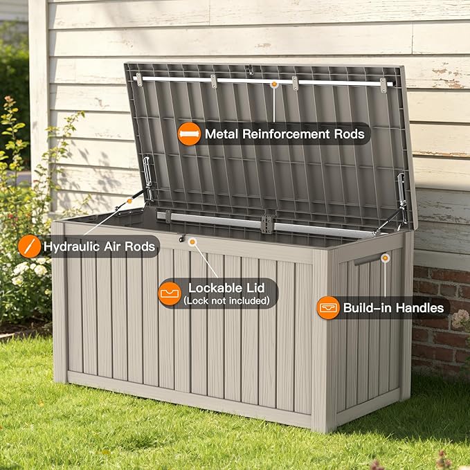 Mars Villa 150 Gallon Outdoor Storage Box, Resin Deck Box Waterproof for Patio Furniture Cushions, Pool Supplies, Gardening Tools, Weatherproof and UV Resistant, Greige