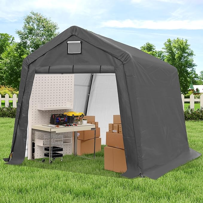 COVERONICS 10' x 10' Outdoor Storage Shed - Heavy Duty Portable Shelter Carport with Ventilation Windows and Roll-up Doors, Storage Shelter Tent for Motorcycle, Bike, Lawnmower and Garden Tools, Grey