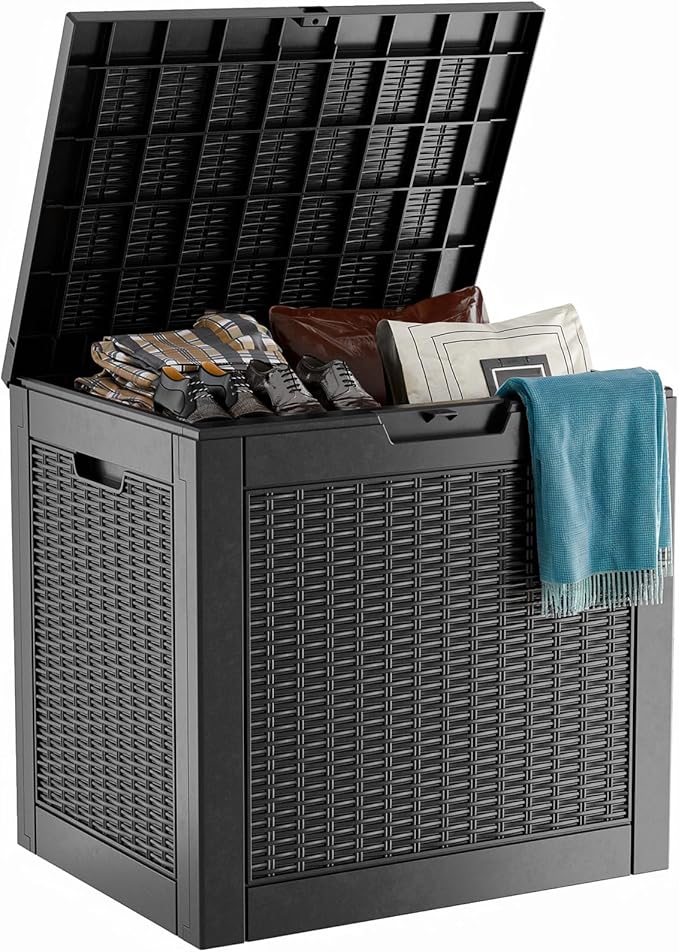 Vixzen 31 Gallon Resin Deck Box, Lockable Outdoor Storage Box for Patio Cushions Storage Furniture,Garden Tools, Pool Supplies, Weatherproof and UV Resistant（Black，31 Gallon）