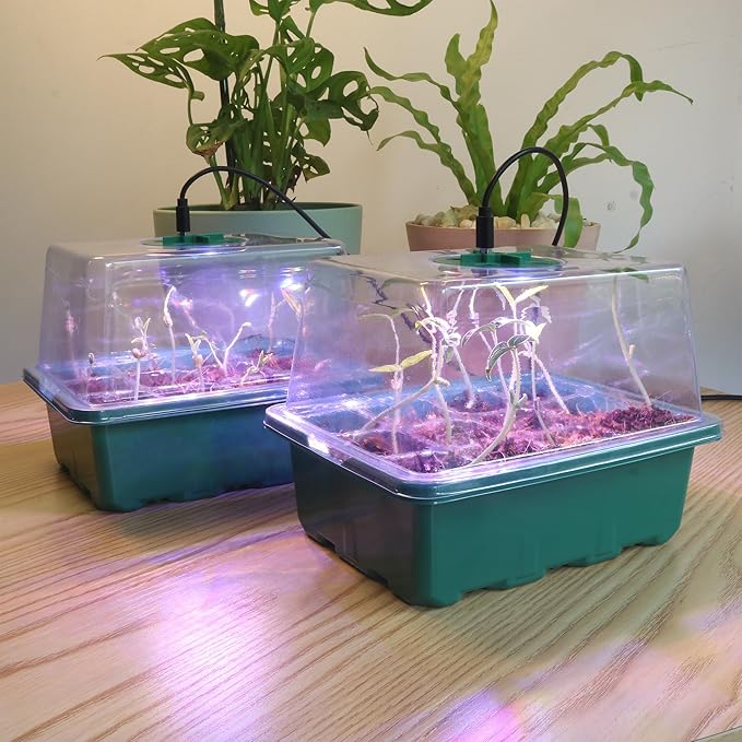 5Sets Seed Starter Tray with Grow Light, Elevated Seedling Starter Trays Kits with Adjustable Humidity Domes and Clear Cell Tray for Greenhouse Seeds Growing Starting