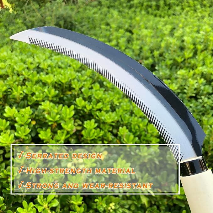 Grass Sickle with Sawtooth Japanese Weeding Hoe Garden Hand Tool Weeding Tools for Garden High-Strength Steel with Solid Wood Handle (White)