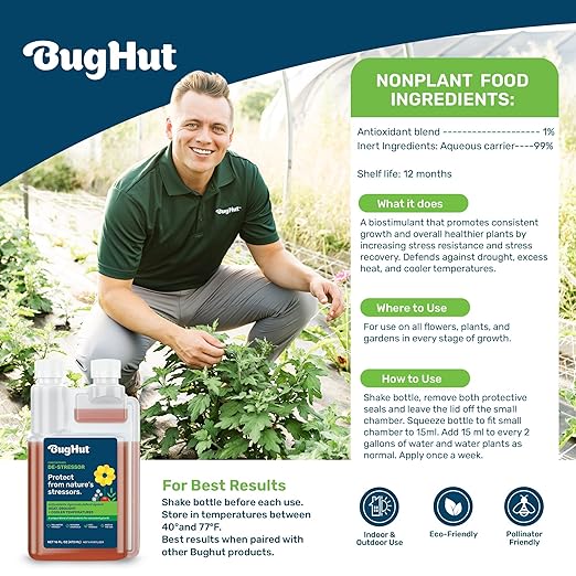 BugHut De-Stressor Plant Food - Natural Antioxidant for Healthy Growth and Protection - Liquid Antioxidant for Indoor and Outdoor Plants, Flowers, Vegetables - 0.5 oz., Makes 2 gallons