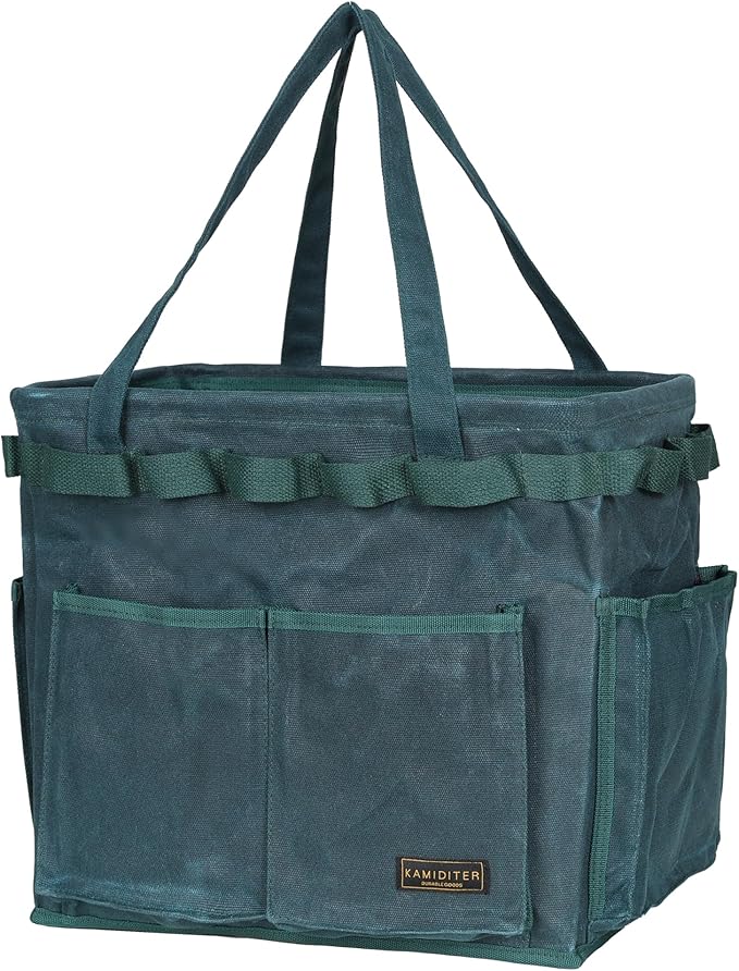 Collapsible Waxed Canvas Tool Pouch with 23 Hanging Holes - Reusable Grocery Bags with Handles for Garden/Camping/Tools/Car Trunk Storage, 14" x 13" x 10" | Dark Green
