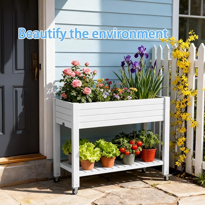 43" Elevated Garden Bed with Wheels & Legs, 78L/21 Gal Large Raised Planter Box with Drainage & Water Level Indicator, Mobile Herb Garden Kit for Patio & Balcony, Grayish-White