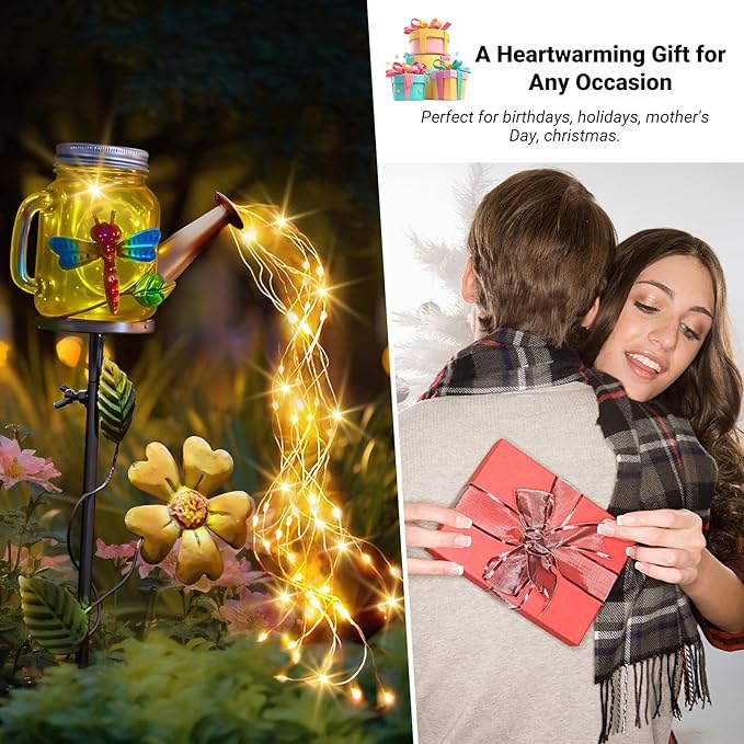 SRNPMIU Solar Watering Can Light, Yard Outdoor Decor Lights, IP65 Waterproof, Hanging Dragonfly Garden Light, Outside Garden Flower Bed Decor, Women Gift, Birthday Gifts