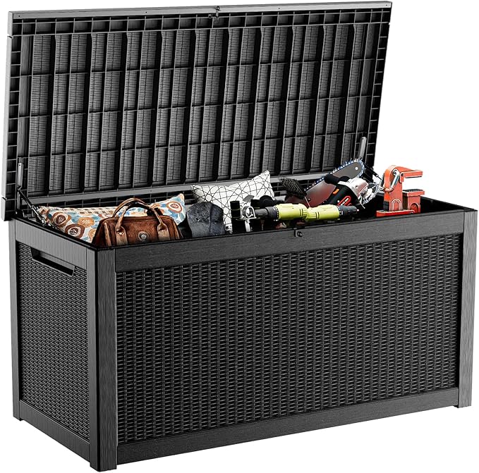ROJIK 320 Gallon Waterproof Outdoor Deck Storage Box, Lockable Resin Patio Storage Bin with Lid for Garden Tools, Patio Cushions & Outdoor Accessories(Black)