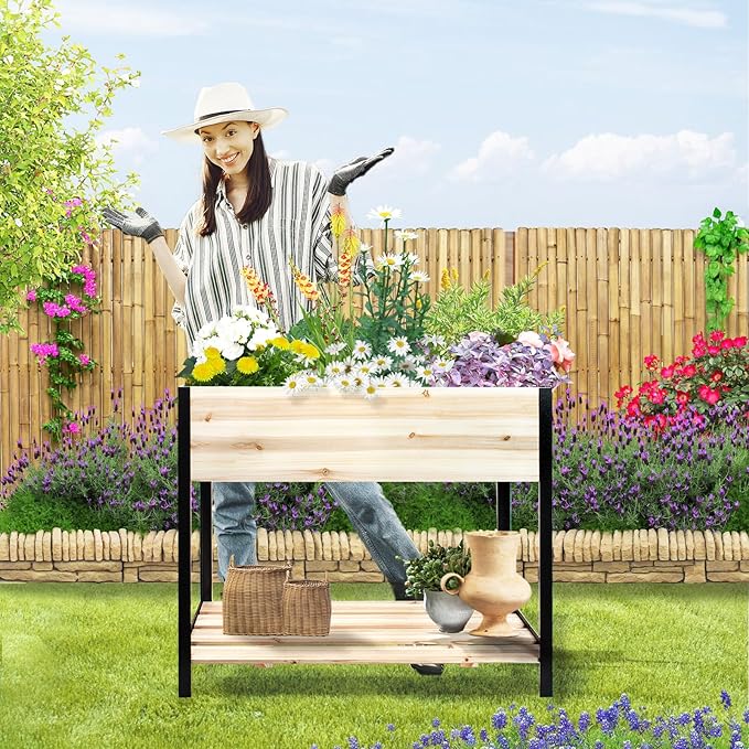 Raised Garden Bed with Legs, Metal & Wood Elevated Planter Box for Outdoor Plants, Vegetables, Flowers, Herbs, 4 Legs, 36(L) x18(W) x30(H) Inch Garden Bed for Outdoors