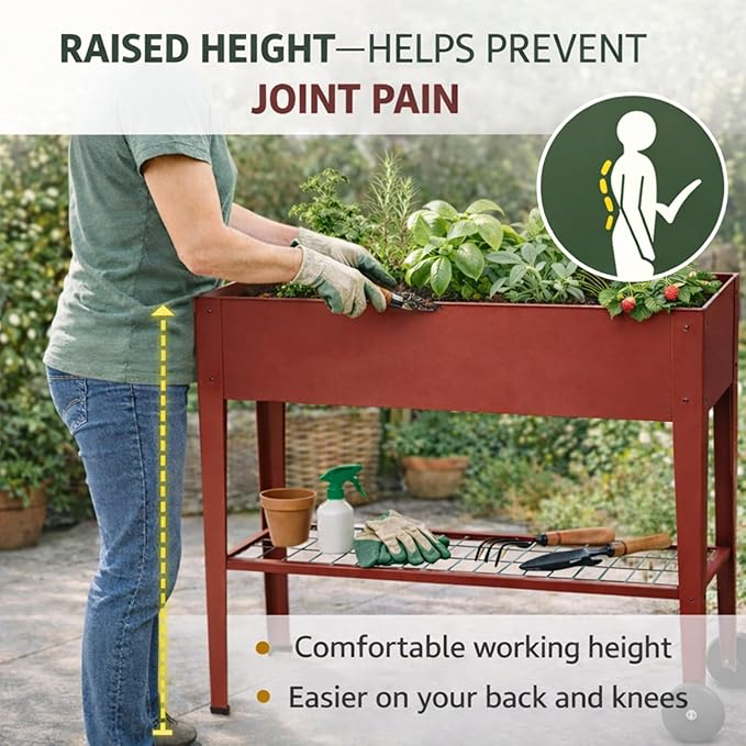 InSideOut Elevated 40" Raised Garden Bed Outdoor with Wheels & Shelf for Mobility, Metal Planter Box for Vegetables/Herbs, Patio-Balcony-Backyard (Red)