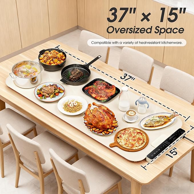 Vabaso Extra Large Food Warming Mat with APP, 37"x15" DIY Temperature & Timer Settings, Heats in 5s, Electric Warming Tray with Child Safety Lock, Warming Mat for Food & Countertop - Kosher Certified