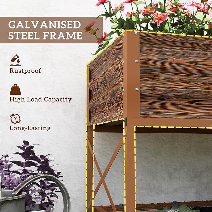 Outsunny Raised Garden Bed with Galvanized Steel Frame, Storage Shelf and Bed Liner, Elevated Planter Box with Legs for Vegetables, Flowers, Herbs, Dark Brown
