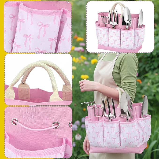 Chumia 9 Piece Pink Gardening Tools for Women Mothers Garden Gifts Pink Bow Gardening Set Stainless Steel Heavy Duty Garden Tools Kit with Organizer Bag Ergonomic Wooden Handle for Gardeners Beginner