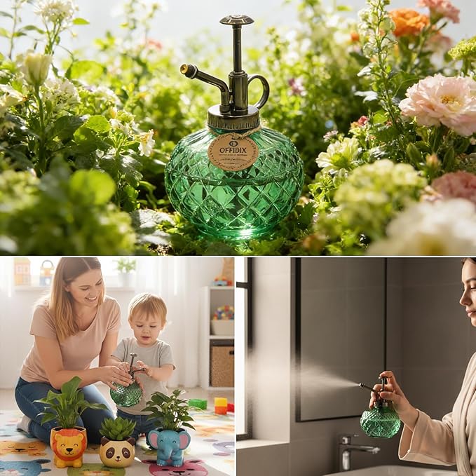 OFFIDIX Plant Mister Spray Bottle,Glass Decorative 300ML Vintage Watering Small Indoor Watering Can with Plastic Pump for Indoor Plants,Garden,Cleaning（Dark Green）