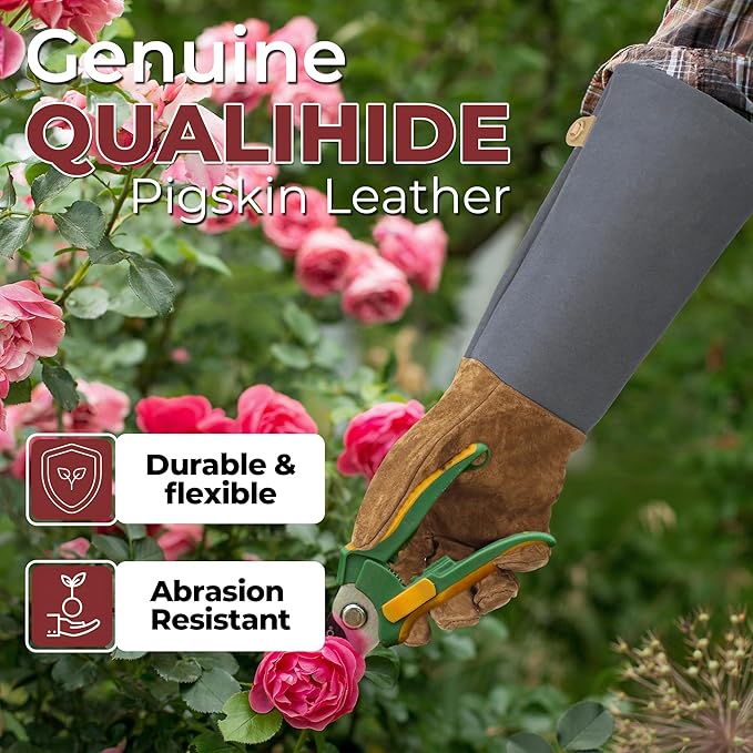 HANDLANDY Long Gardening Gloves for Men Women, Thorn Proof Rose Pruning Leather Garden Yard Gauntlet Glove, Gardening Gifts