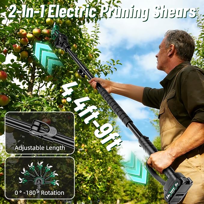 2-in-1 Electric Pruning Shears with Extension Pole, 1.6" Cutting Diamete Cordless Electric Scissors with Brushless Motor, Dual 2.0Ah Batteries, LCD Display, Sk7 Blade for High Branch & Garden Trimming