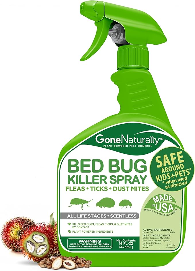 Bed Bug Spray – Scentless Natural Bed Bug Killer for Home & Mattress, Kills Bed Bugs, Nymphs & Eggs on Contact – Non-Staining, Kid & Pet Safe – Flea, Tick & Dust Mite Control, 16 oz