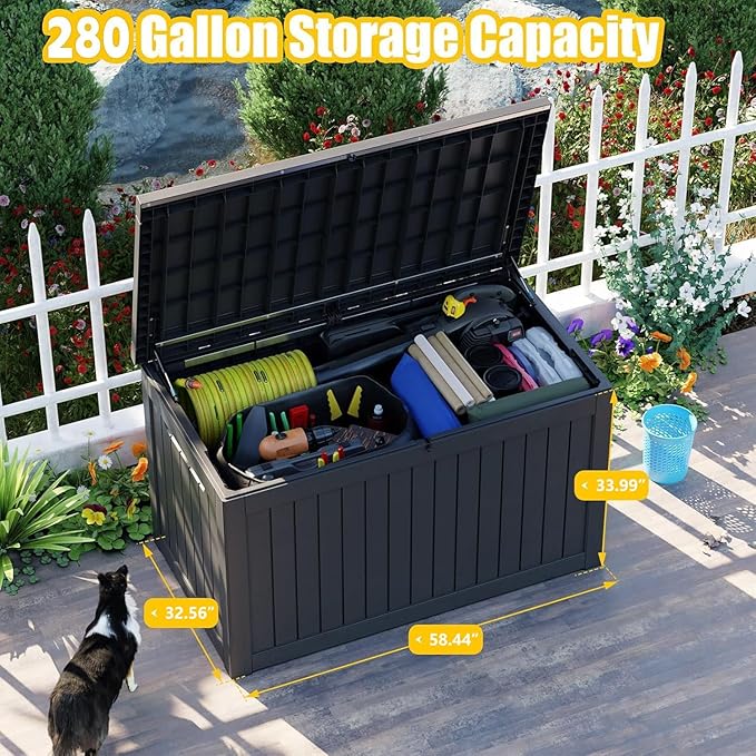 Vixzen 280 Gallon Resin Deck Box, Lockable Outdoor Storage Box for Patio Cushions Storage Furniture,Garden Tools, Pool Supplies, Weatherproof and UV Resistant（Black，280 Gallon）
