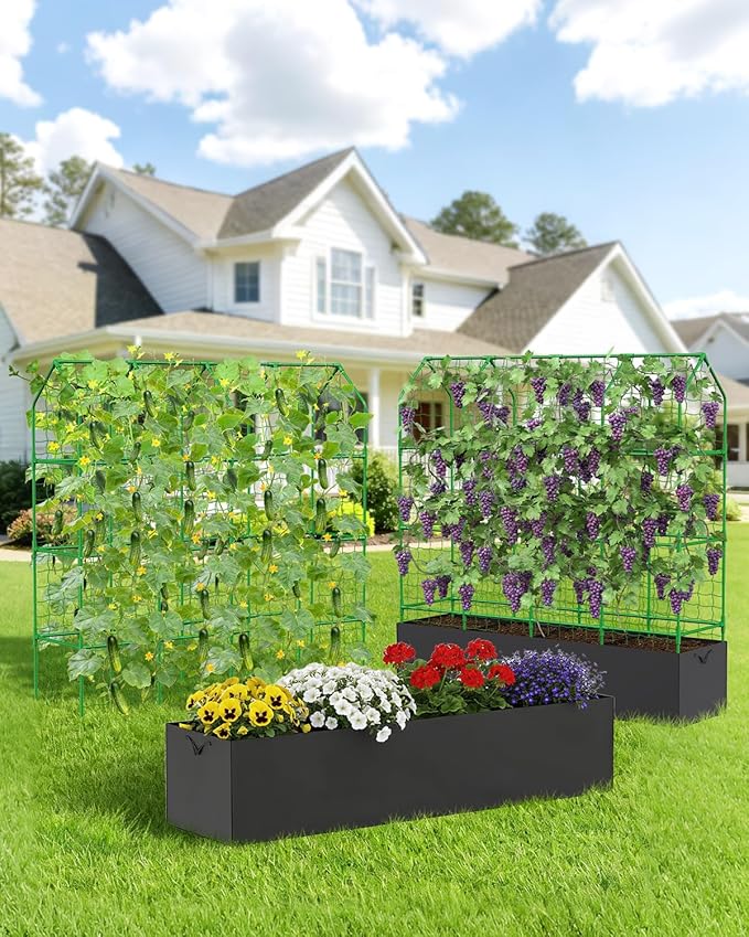 Cucumber Trellis with Grow Bag for Raised Bed, A-Shape Garden Trellis for Climbing Plants Outdoor, Metal Plant Trellis with Garden Netting for Flower Vegetables, Pea, Grape (67 * 17 * 65inch(L*W*H)
