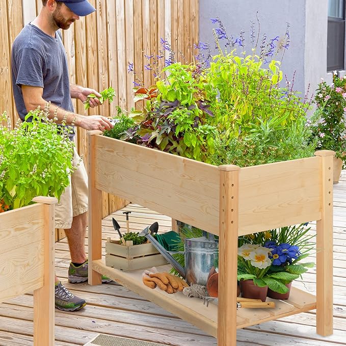 GARFANS Raised Garden Bed Wood Planter Box with Storage Shelf for Vegetable Flower Herb Raised Planter Box with Legs Outdoor Elevated Garden Bed Kit Grow Box for Garden Backyard Patio